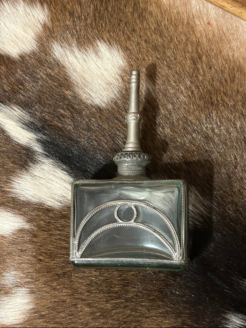 Vidrio Antique Vintage Clear Glass Perfume Bottle with Silver Accent
